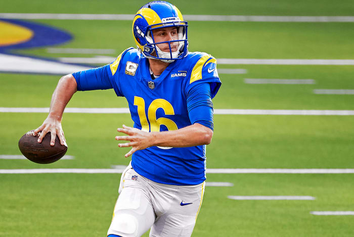 Rams QB Jared Goff prepares to throw a pass during a game in the 2020 season